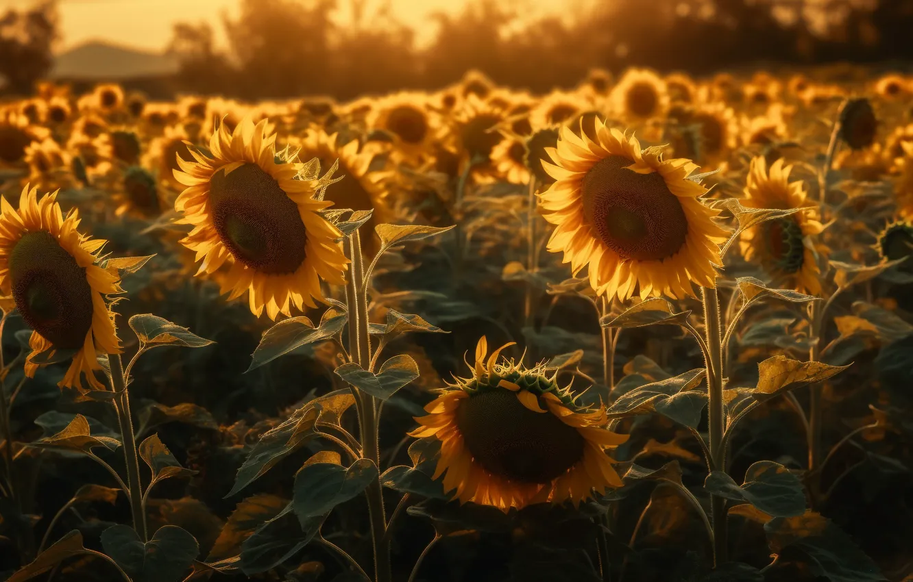 Photo wallpaper field, summer, the sky, light, sunflowers, sunset, flowers, yellow