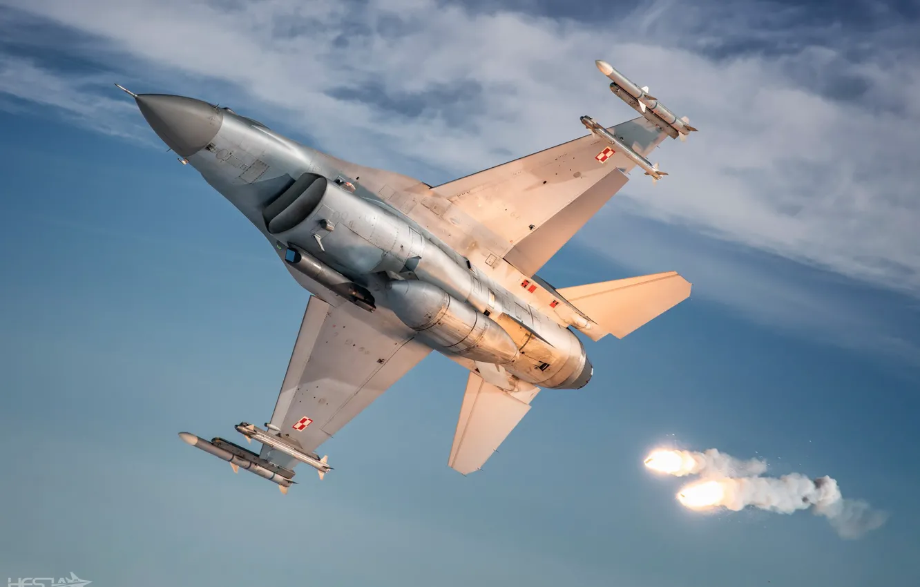 Photo wallpaper F-16, LTC, F-16 Fighting Falcon, Polish air force, PTB, AIM-120 AMRAAM, AIM-9 Sidewinder, HESJA Air-Art …