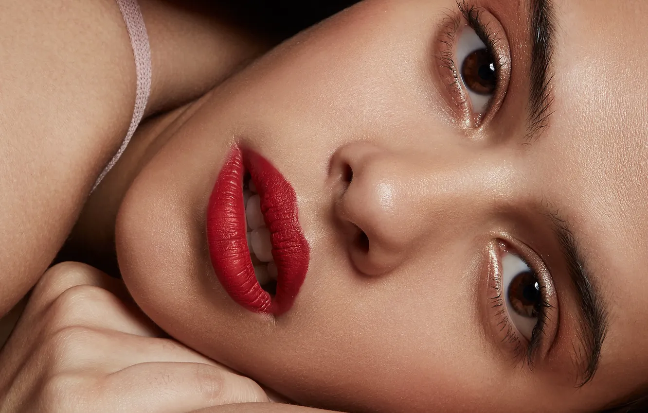 Photo wallpaper girl, eyes, smile, beautiful, model, lips, face, hair