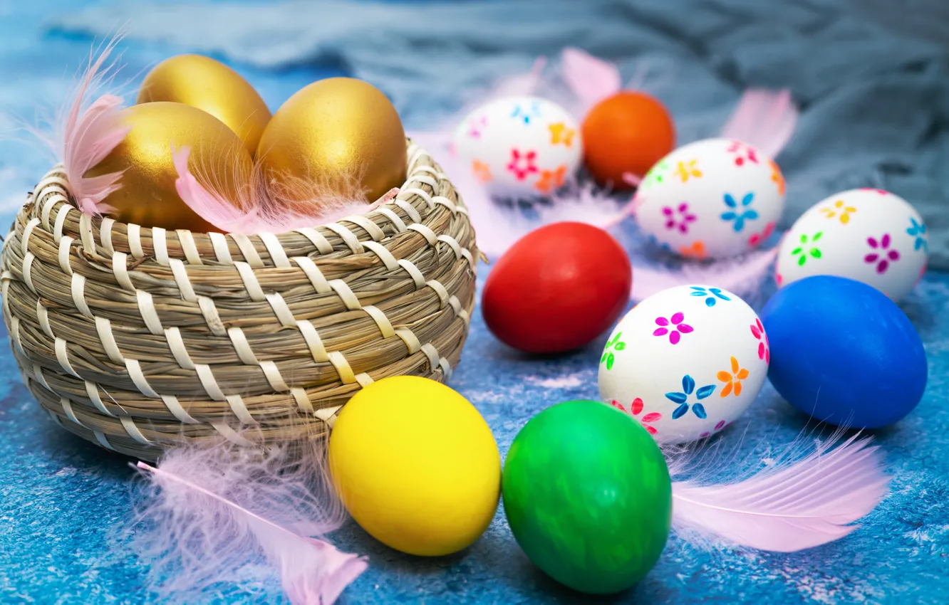 Photo wallpaper holiday, eggs, feathers, Easter