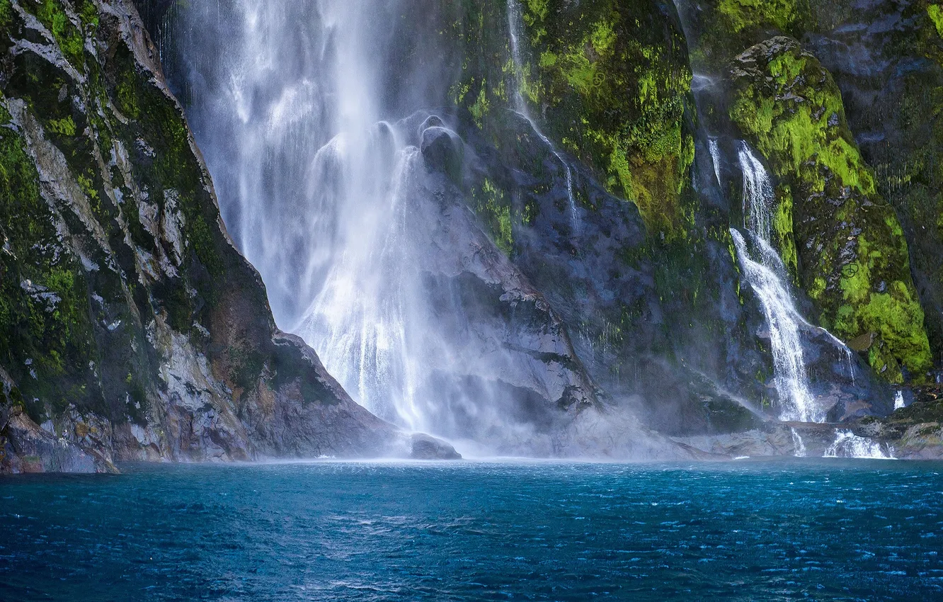 Photo wallpaper landscape, mountains, nature, lake, rocks, plant, waterfall, rock