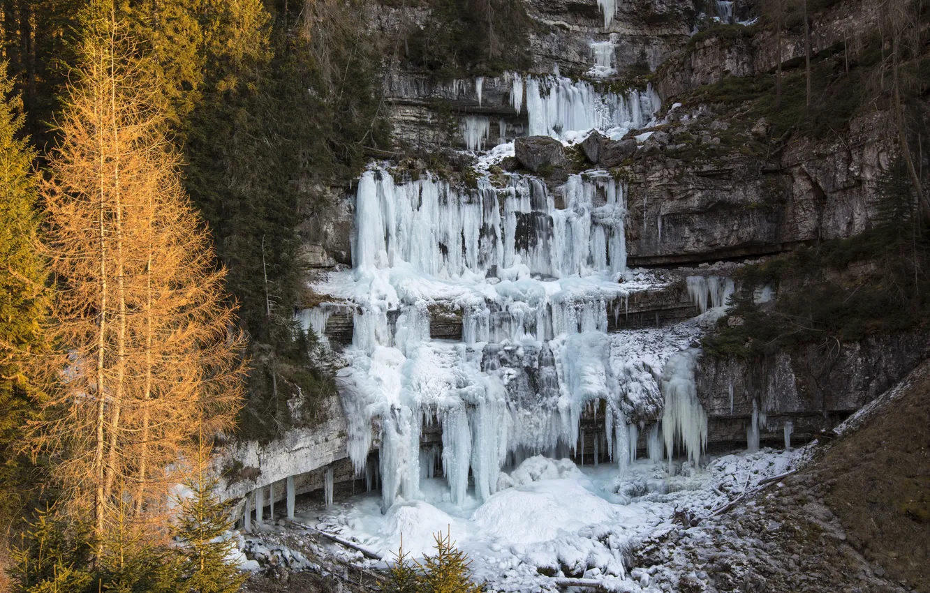 Photo wallpaper ice, winter, trees, rocks, waterfall, Italy, Trentino-Alto Adige / Südtirol, Trento