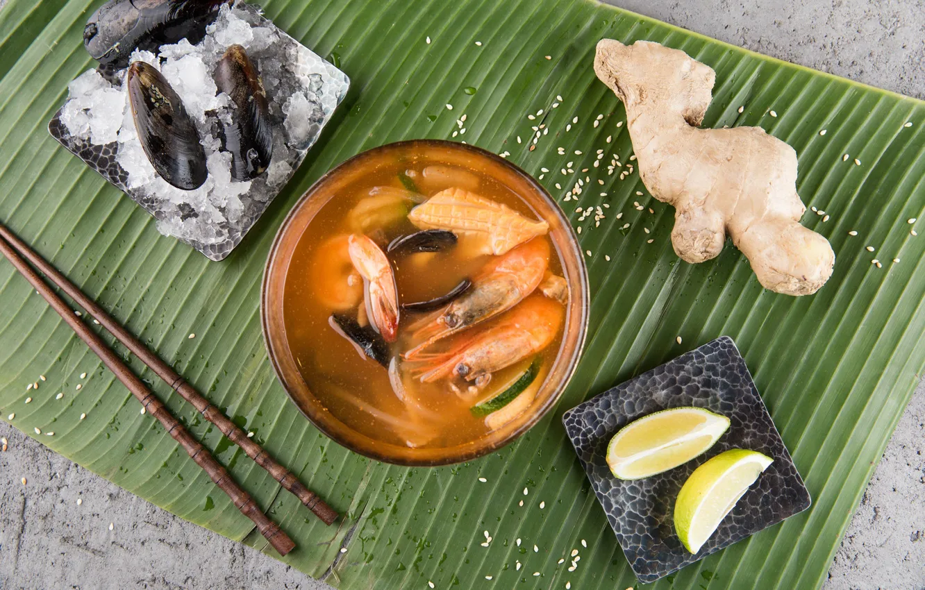 Photo wallpaper lemon, soup, shrimp, seafood, ginger