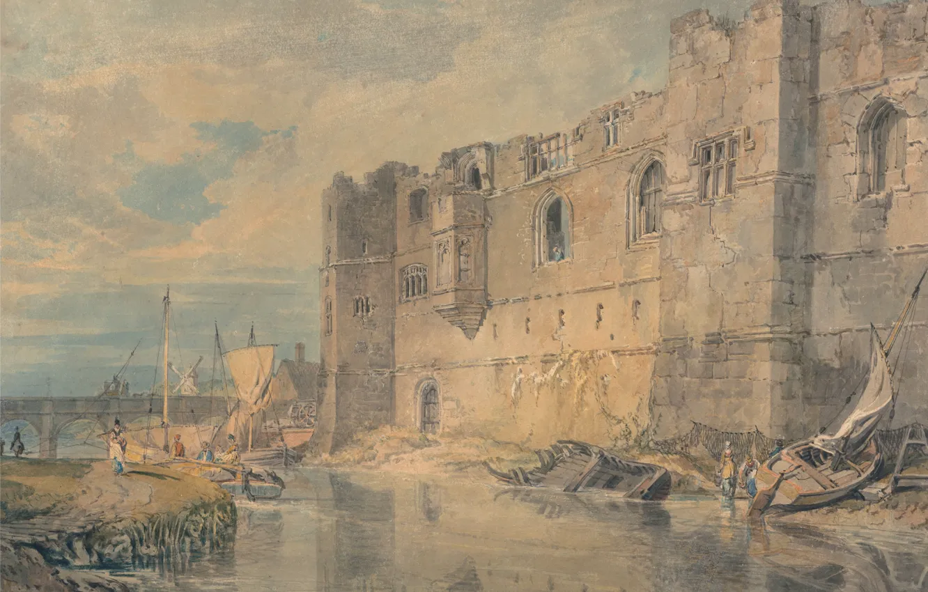 Photo wallpaper landscape, bridge, river, castle, boat, picture, watercolor, sail