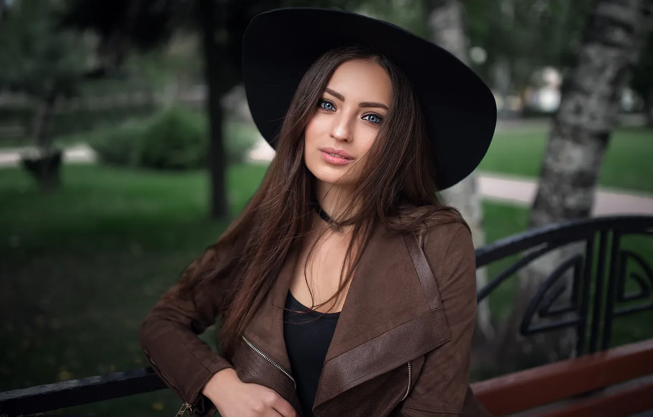 Photo wallpaper look, trees, pose, Park, model, portrait, hat, makeup
