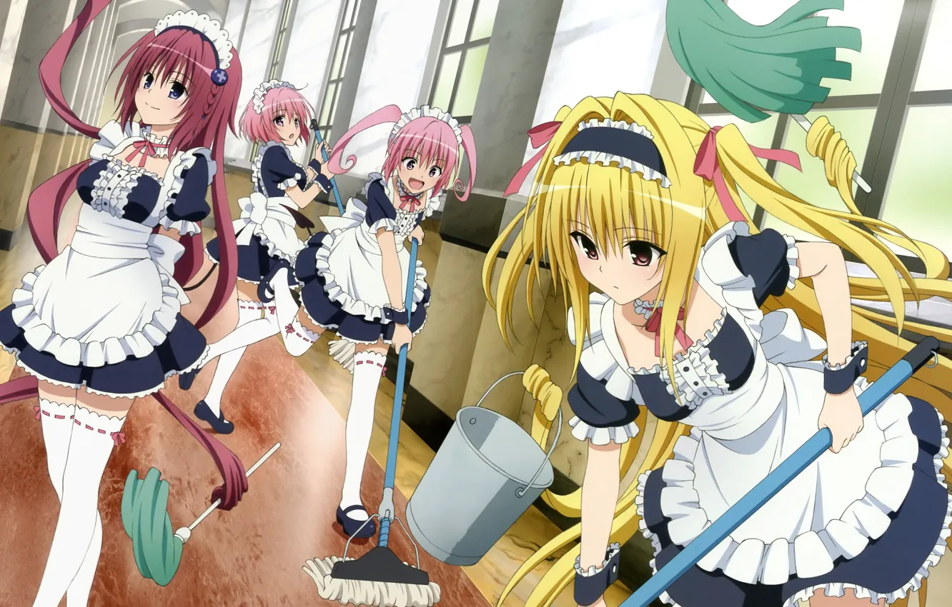 Photo wallpaper look, anime, corridor, cleaning, girls, anime, fun, love trouble