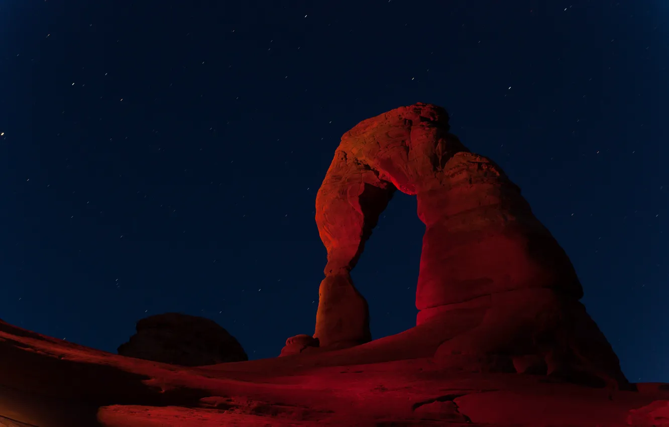 Photo wallpaper the sky, stars, night, rocks, canyon, arch, Utah, Arches National Park