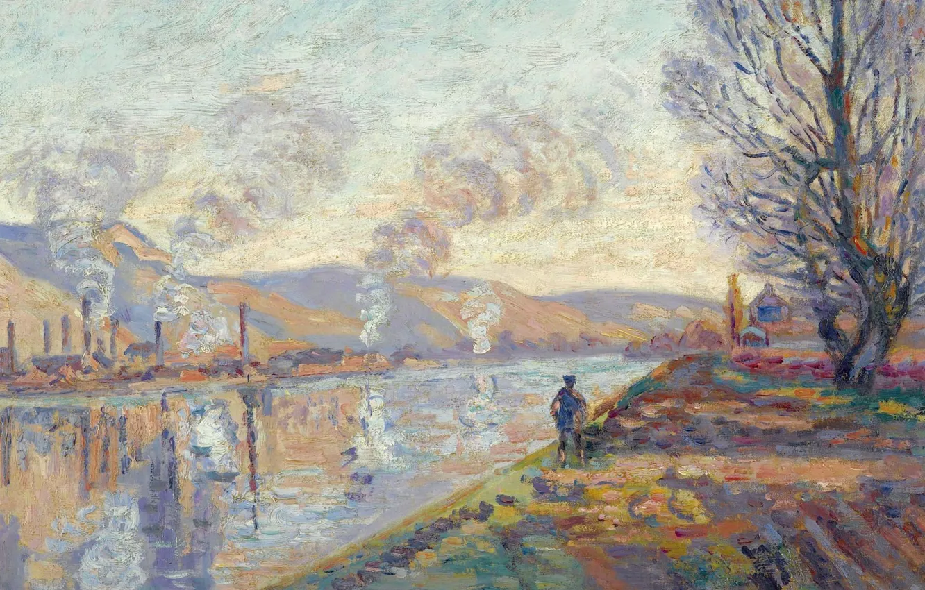 Photo wallpaper landscape, river, smoke, picture, impressionism, Arman Hyomin, The Seine at Rouen, Armand Guillaumin