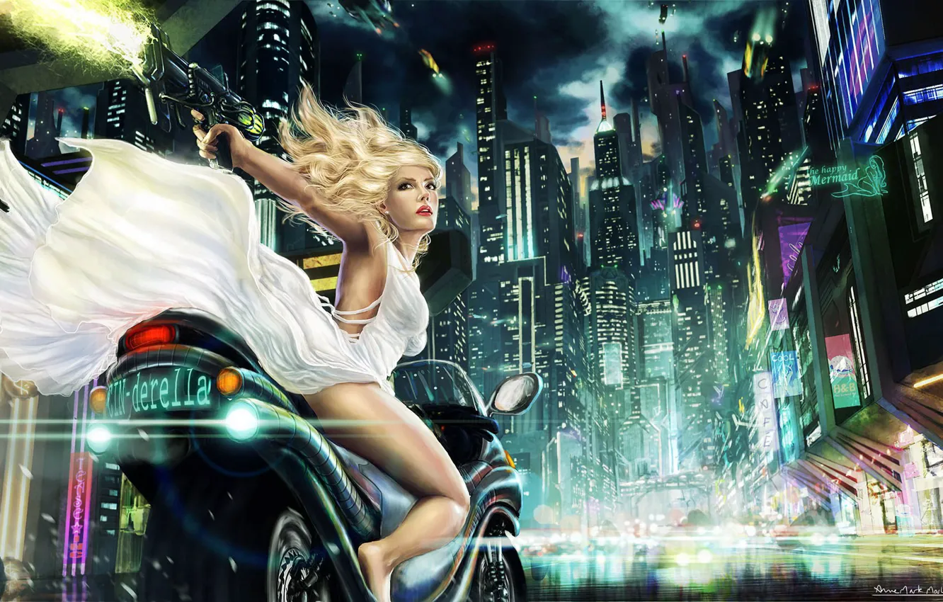 Photo wallpaper girl, night, the city, lights, art, bike, Anne Marte Markussen