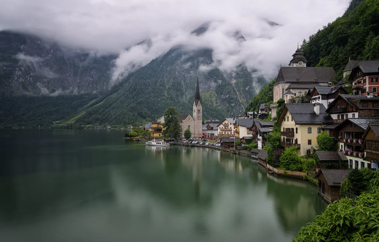 Photo wallpaper forest, mountains, lake, shore, home, Austria, Hallstatt