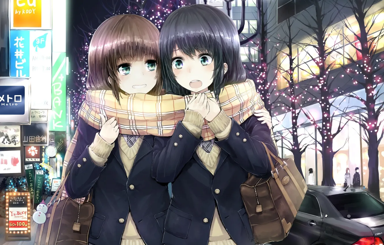 Photo wallpaper girl, night, the city, lights, scarf, art, Minato, shouno