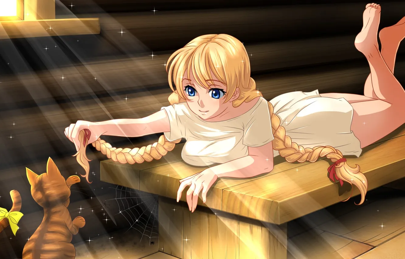 Photo wallpaper cat, girl, smile, anime, art, Putin, braids, orika neko was