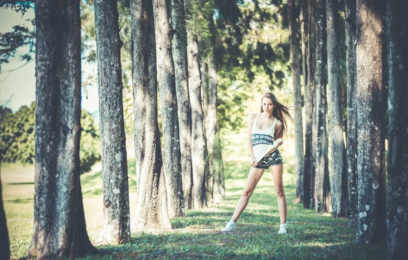 Photo wallpaper forest, summer, girl, trees, Park, model, shorts, Mike
