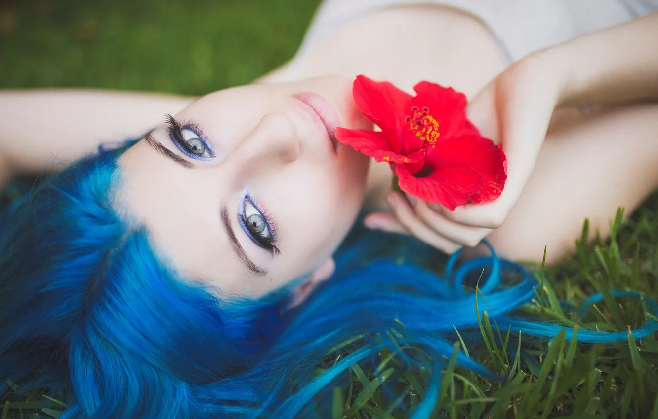 Photo wallpaper flower, girl, blue hair