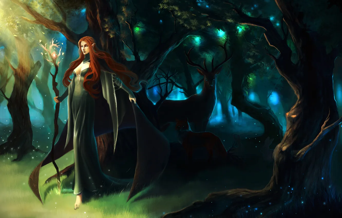 Photo wallpaper forest, girl, trees, branches, foliage, staff