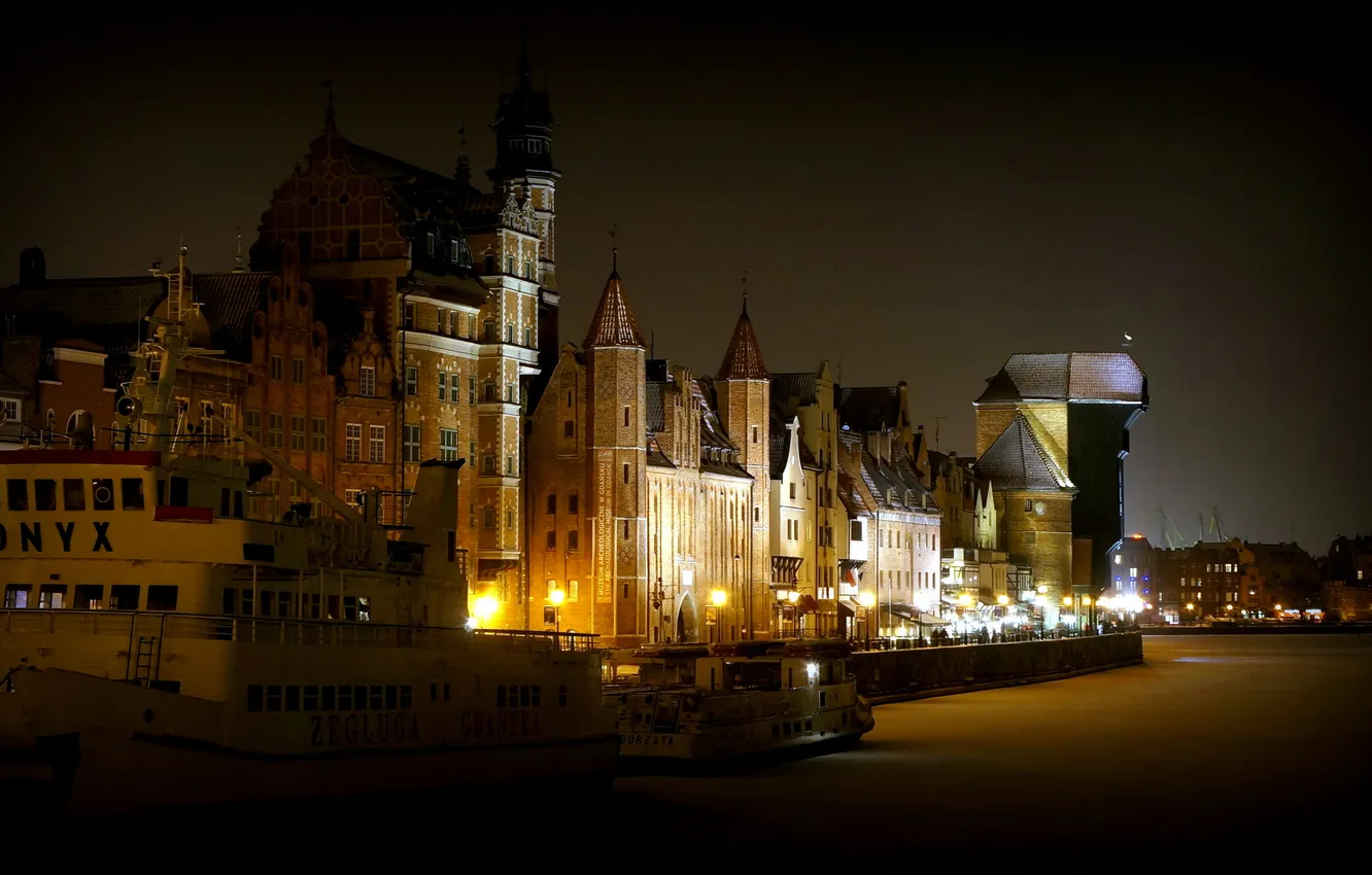 Photo wallpaper winter, night, lights, ship, home, Poland, promenade, Gdansk