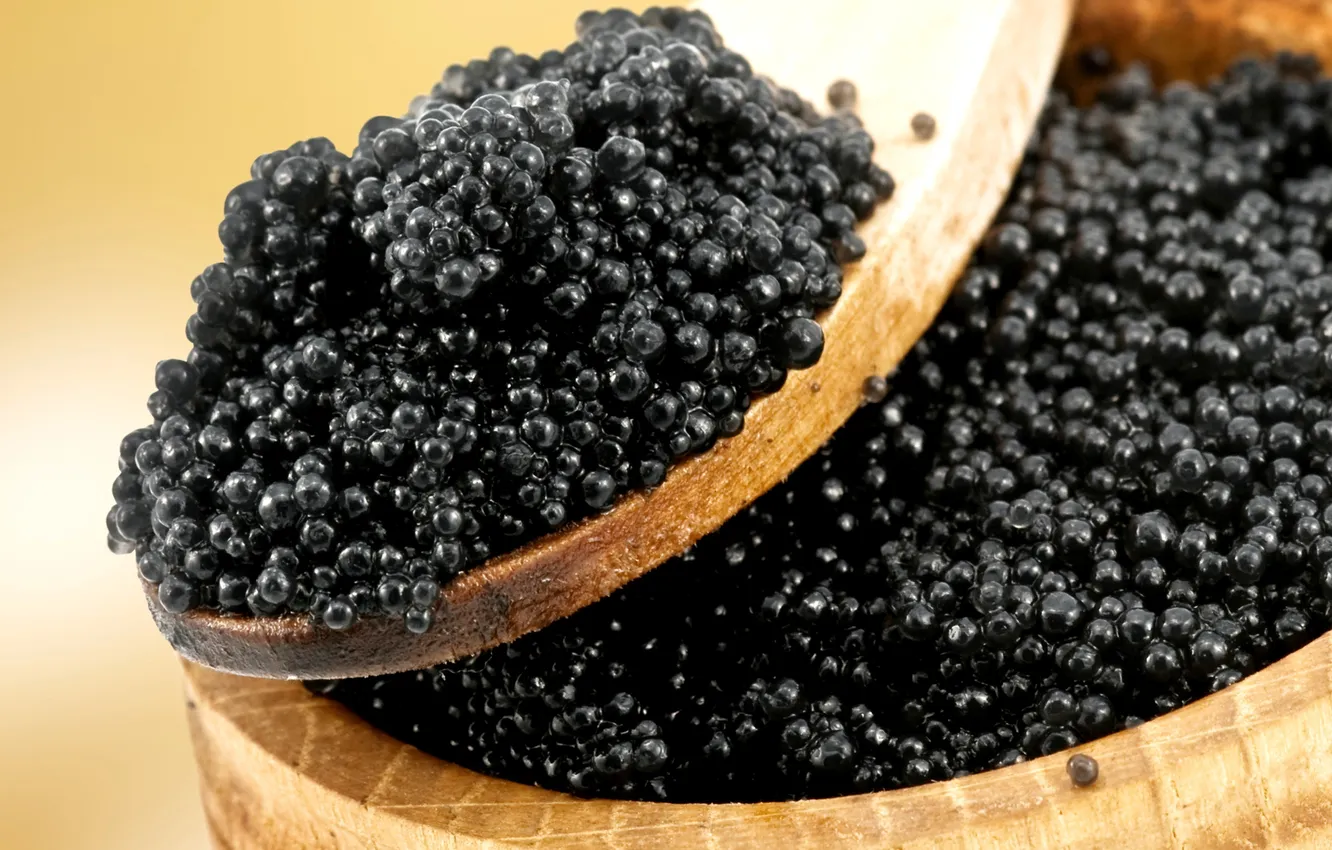 Photo wallpaper black, spoon, wooden, caviar, sturgeon