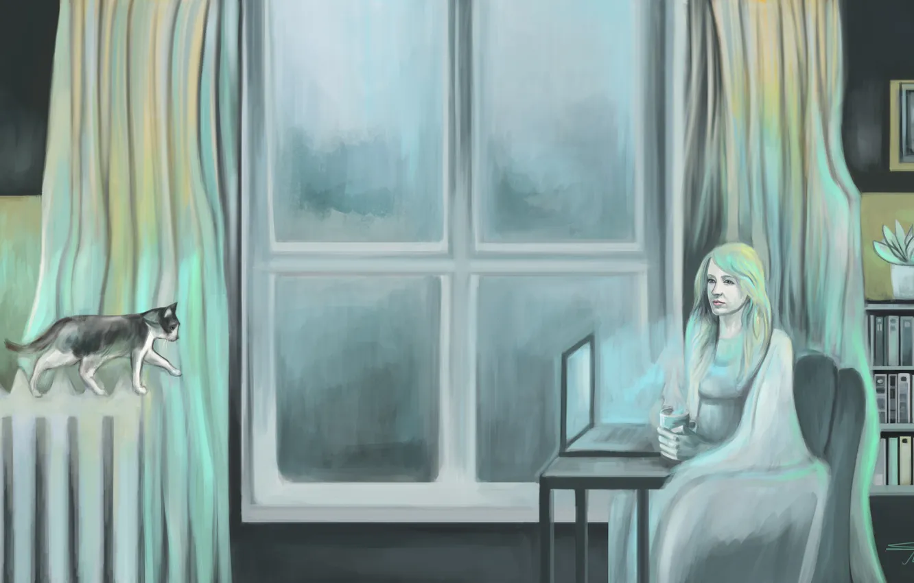 Photo wallpaper cat, girl, butterfly, coffee, the evening, window, book, laptop