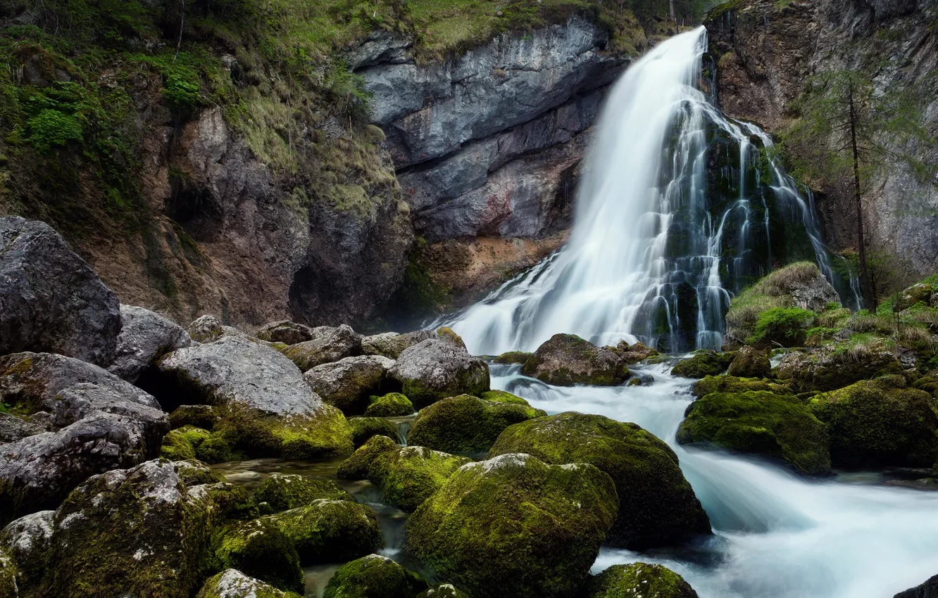 Photo wallpaper water, mountains, stones, waterfall, moss
