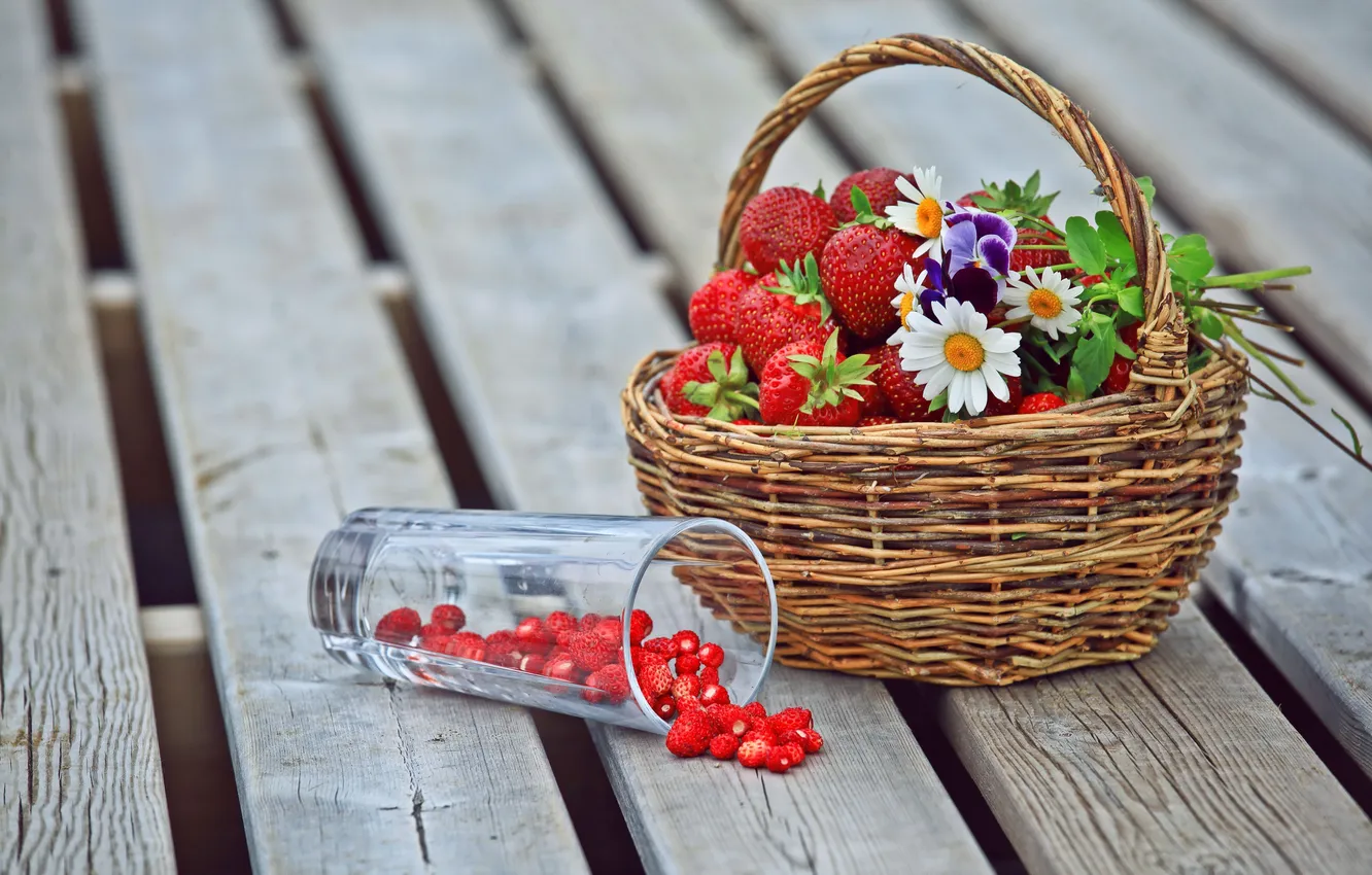 Photo wallpaper flowers, glass, berries, basket, chamomile, strawberries, strawberry, Pansy