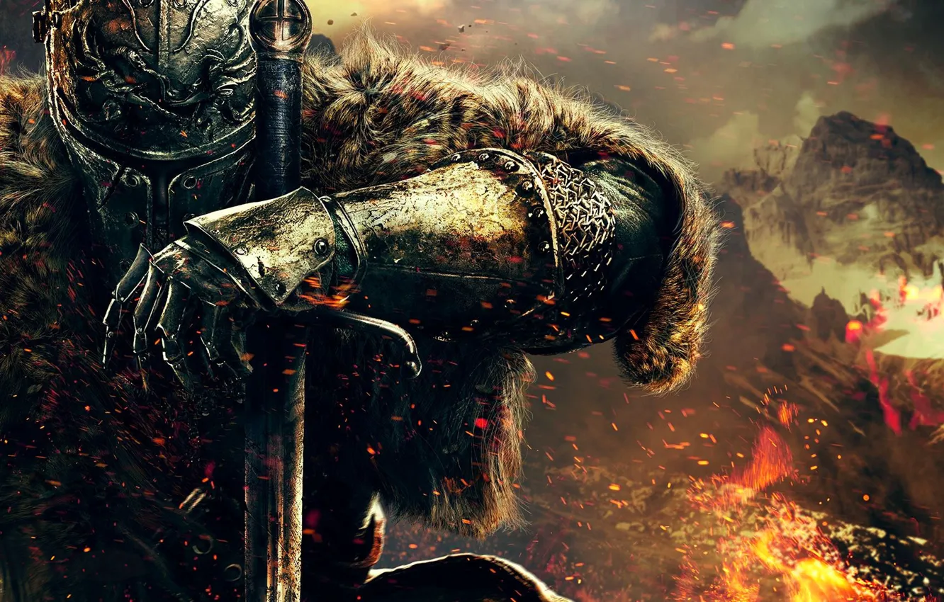 Photo wallpaper hand, warrior, helmet, fur, armor, knight, Namco Bandai Games, Dark Souls 2
