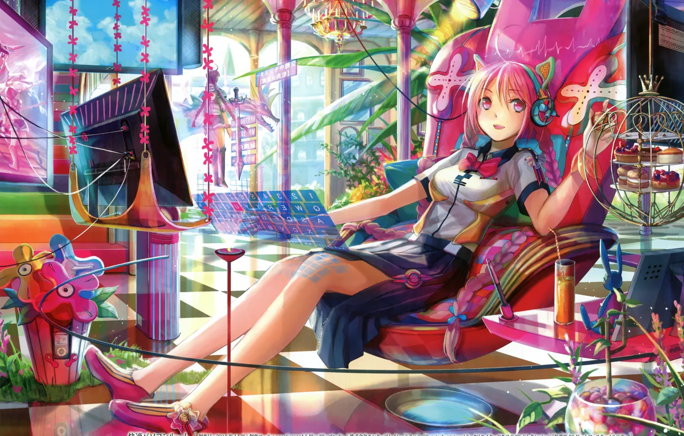 Photo wallpaper girl, interior, comp, headphones