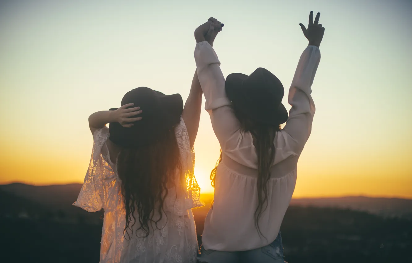 Photo wallpaper girl, sunset, hat, friendship, friend