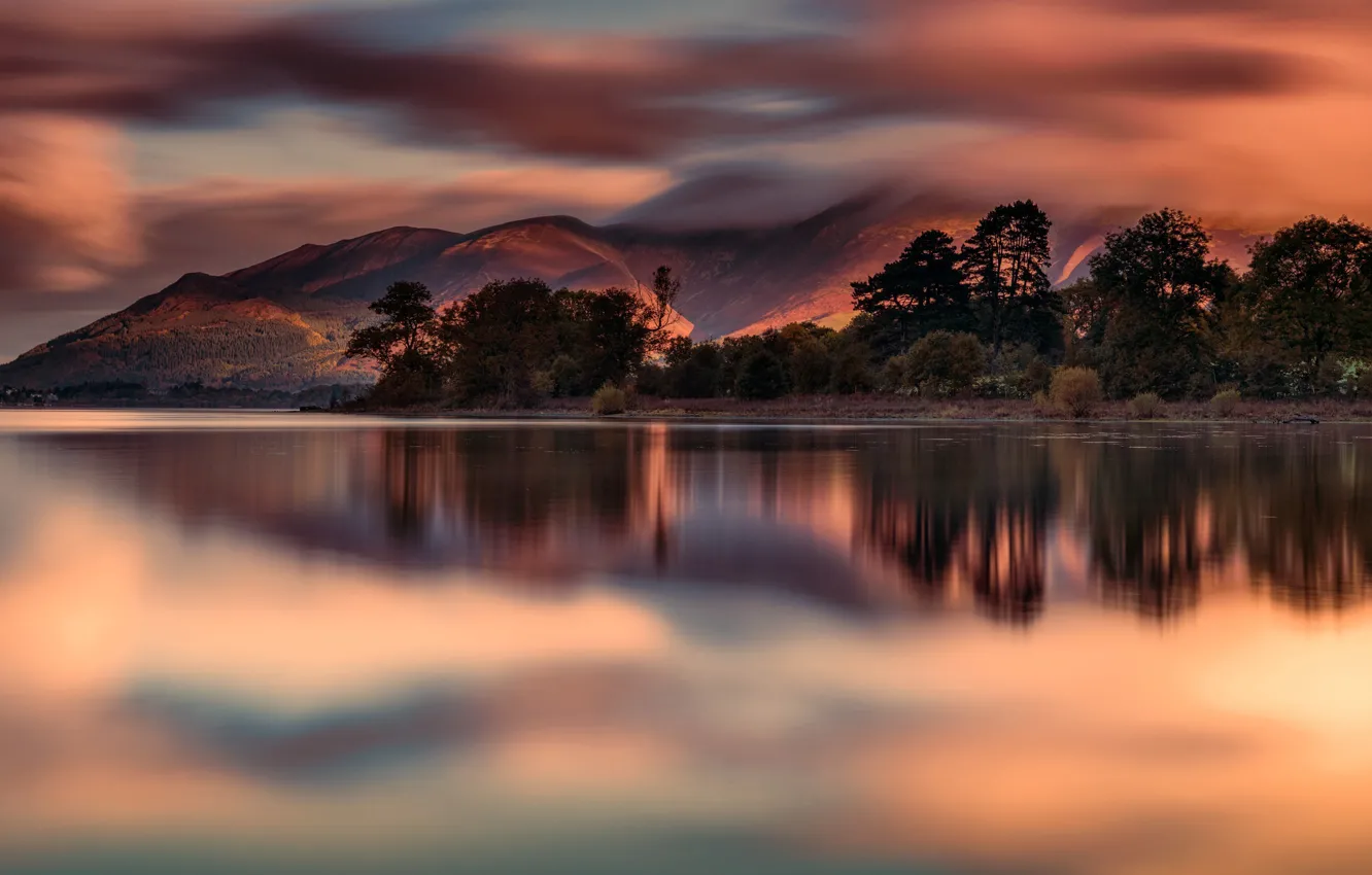 Photo wallpaper clouds, trees, mountains, lake, reflection, glow