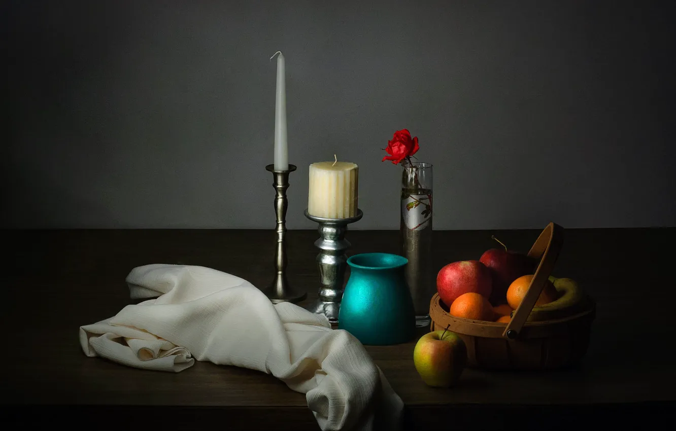 Photo wallpaper roses, items, basket, table, candles, pot, towel, tangerines