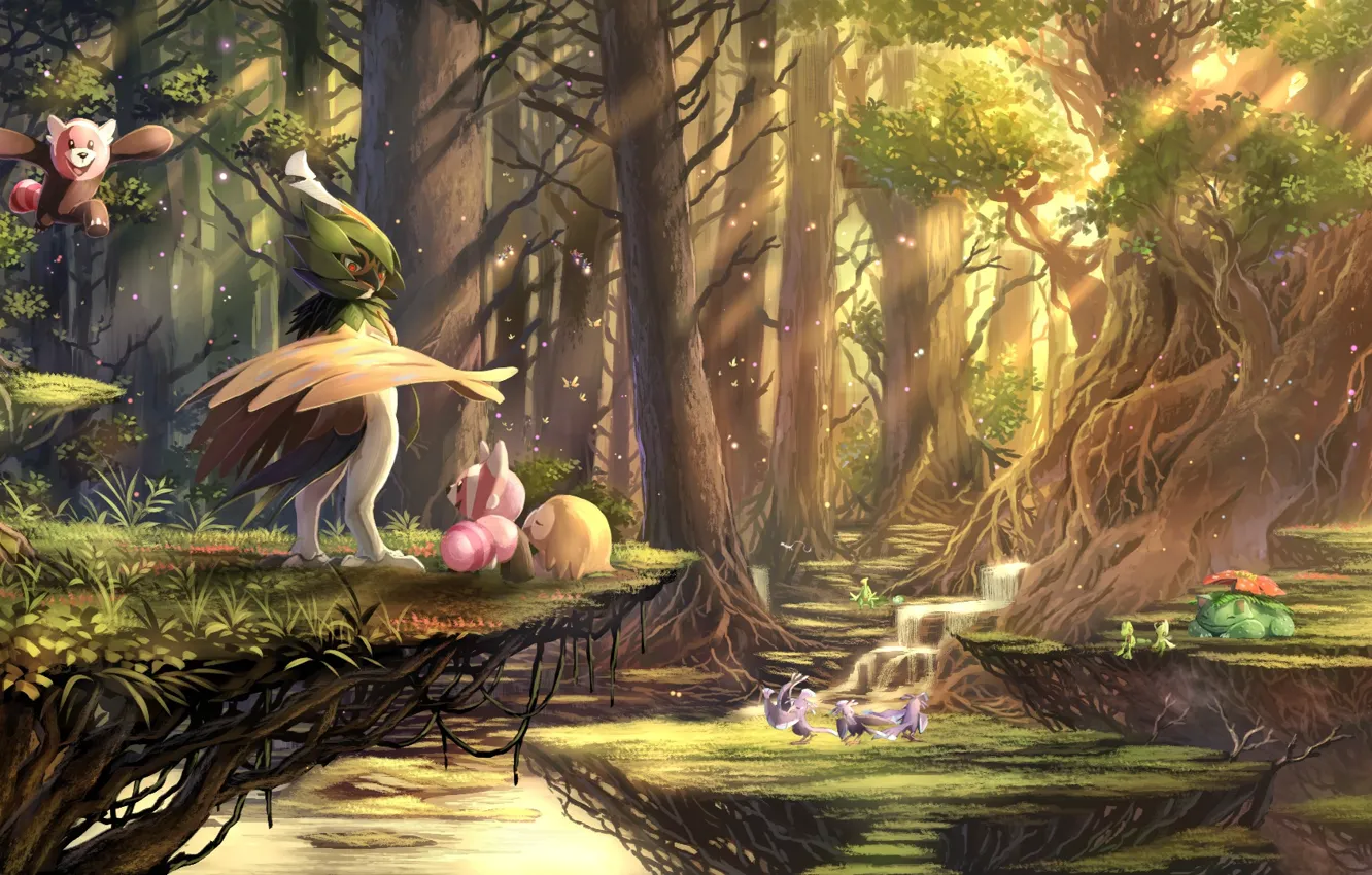 Photo wallpaper forest, pokemon, pokemon, karamimame