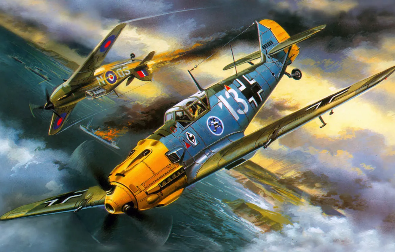 Photo wallpaper war, figure, art, Messerschmitt, Hawker Hurricane, dogfight, Luftwaffe, British single-seat fighter