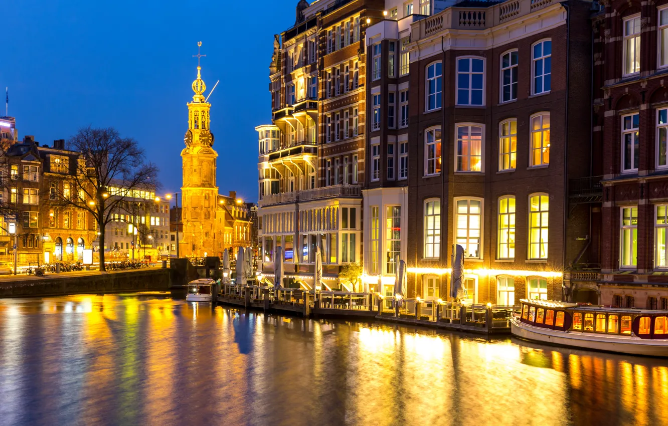 Photo wallpaper night, city, the city, lights, lights, river, Amsterdam, panorama