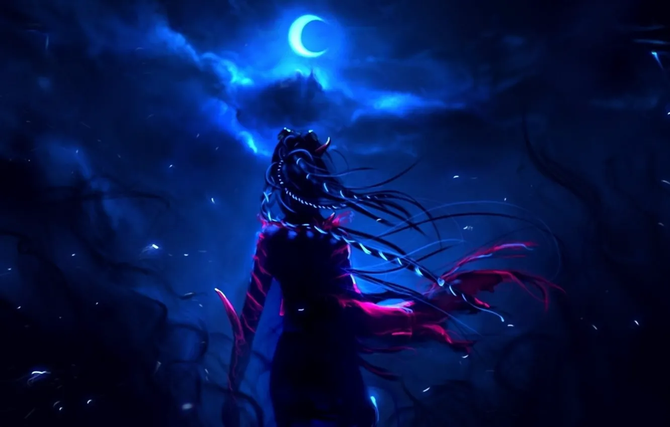 Photo wallpaper girl, night, lights, the moon, lights, girl, moon, moonlight