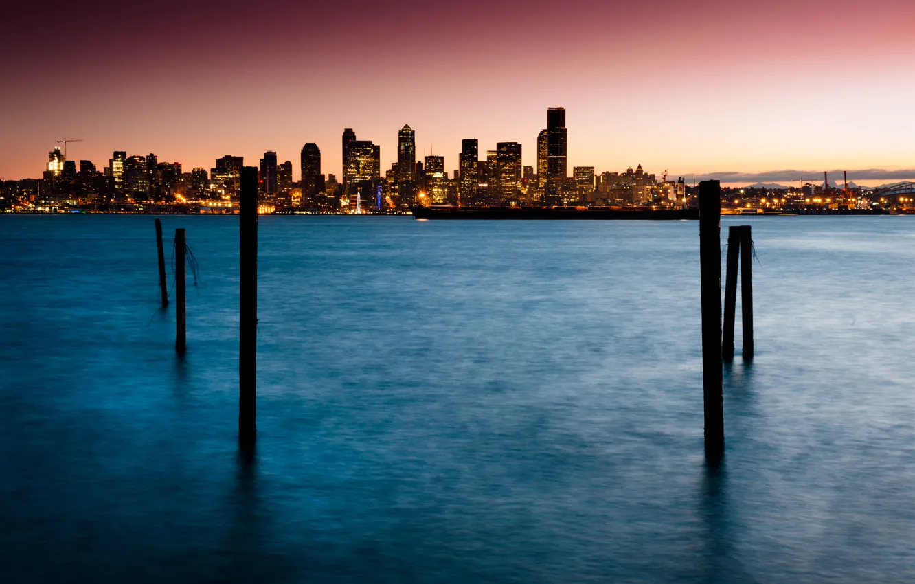 Photo wallpaper city, skyline, water, morning, sunrise, dawn, Washington, cityscape
