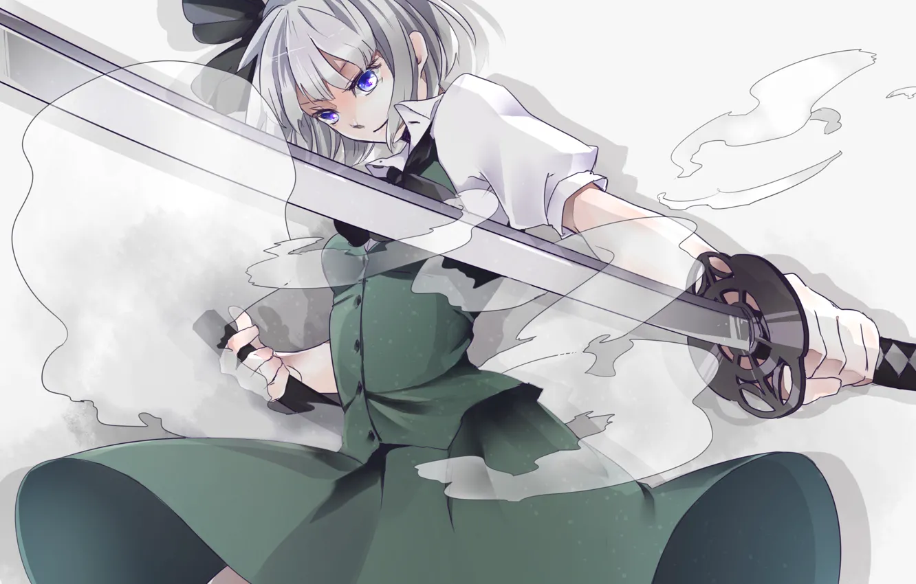 Photo wallpaper girl, weapons, katana, dress, sword, bow, white hair, weapon