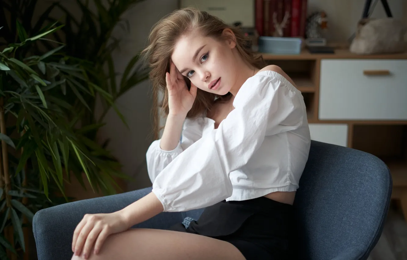 Photo wallpaper look, girl, face, pose, chair, blouse, Alexander Vinogradov, Vasilisa Ryaskina