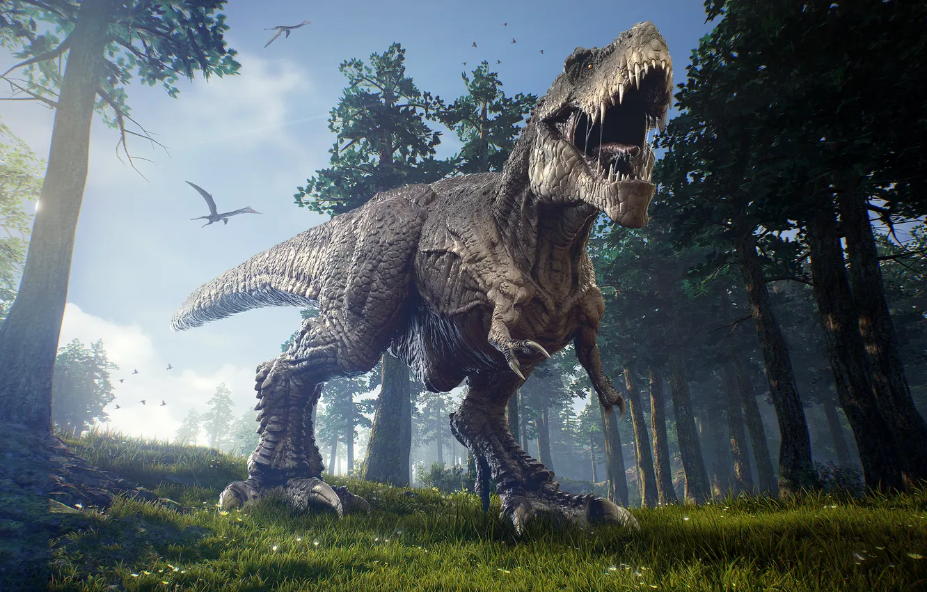 Photo wallpaper forest, animals, Tyrannosaurus, dinosaurs