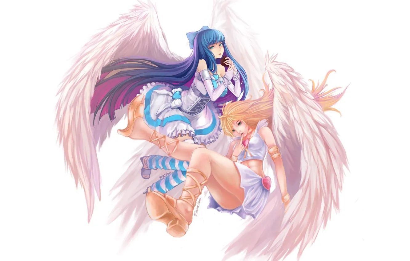 Photo wallpaper girls, wings, art, hearts, white background, panty &ampamp; stocking with garterbelt