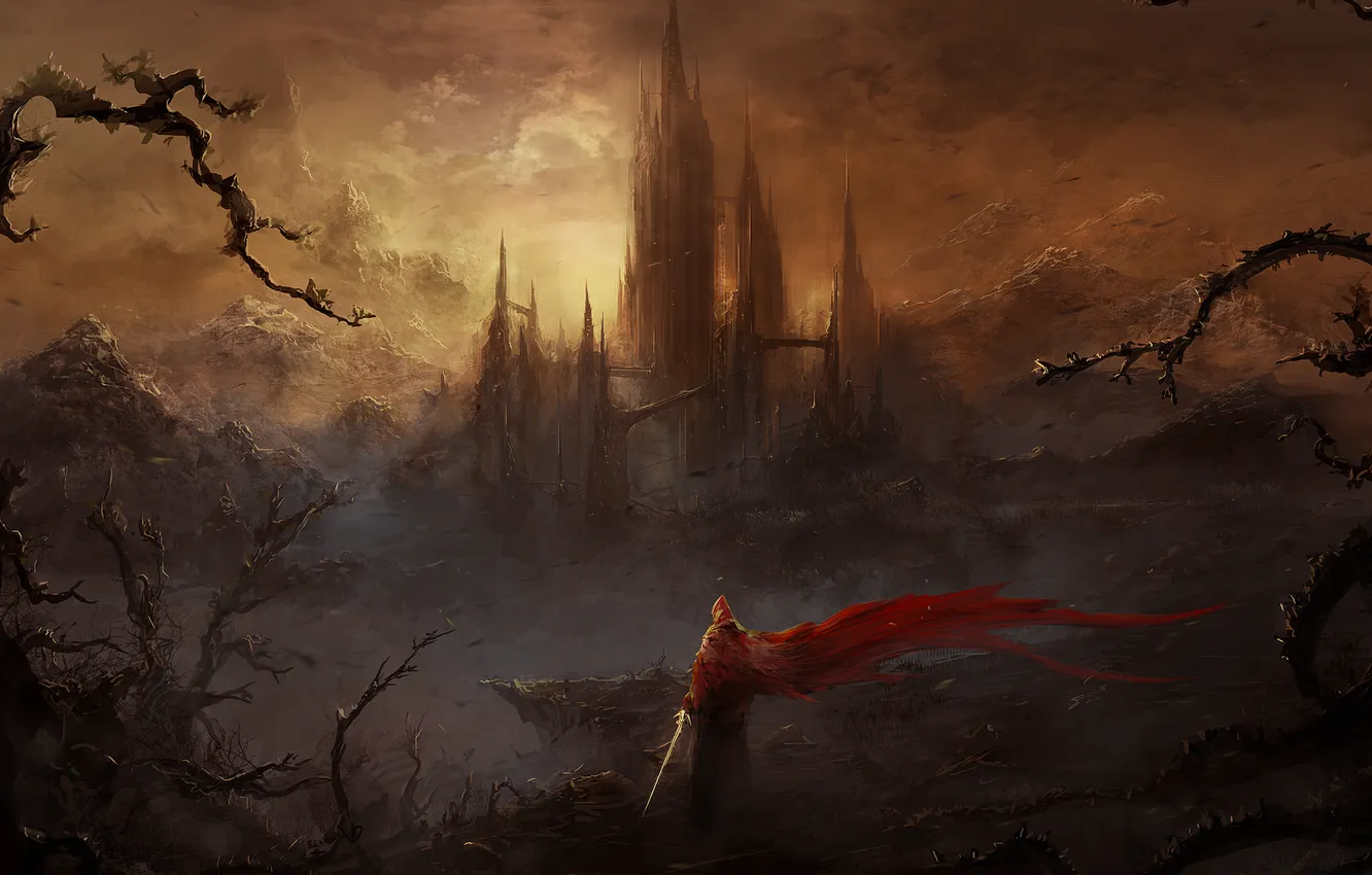 Photo wallpaper mountains, castle, people, sword, warrior, art, fortress, art