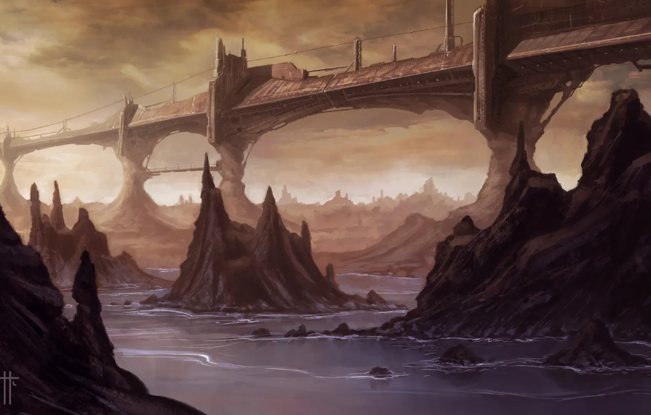 Photo wallpaper water, bridge, river, fiction, rocks, art, juannovelletto