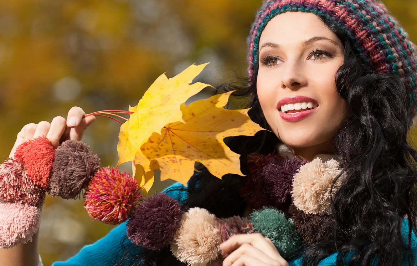 Photo wallpaper autumn, look, leaves, girl, smile, scarf, brunette, cap