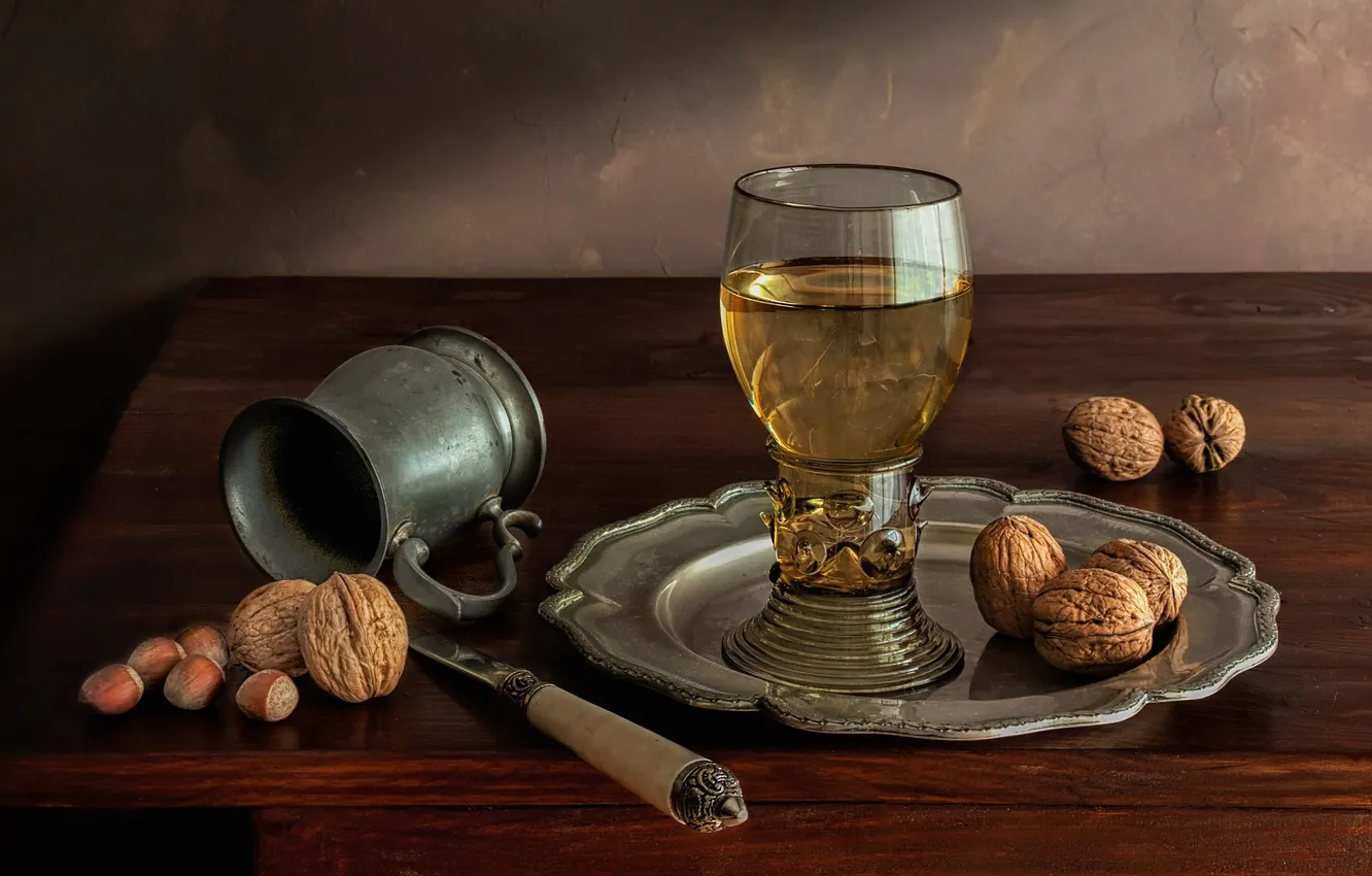 Photo wallpaper wine, glass, nuts, still life, hazelnuts, walnut