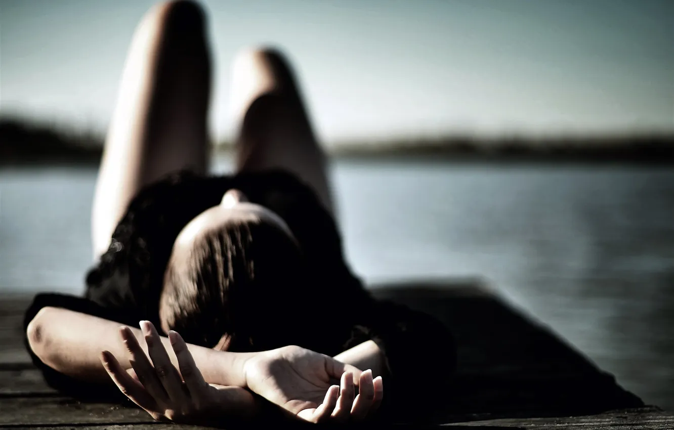 Photo wallpaper mood, hands, pier, pierce, brown hair, pond