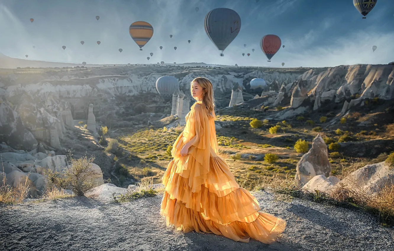 Photo wallpaper girl, the sun, landscape, pose, smile, photo, hills, dress