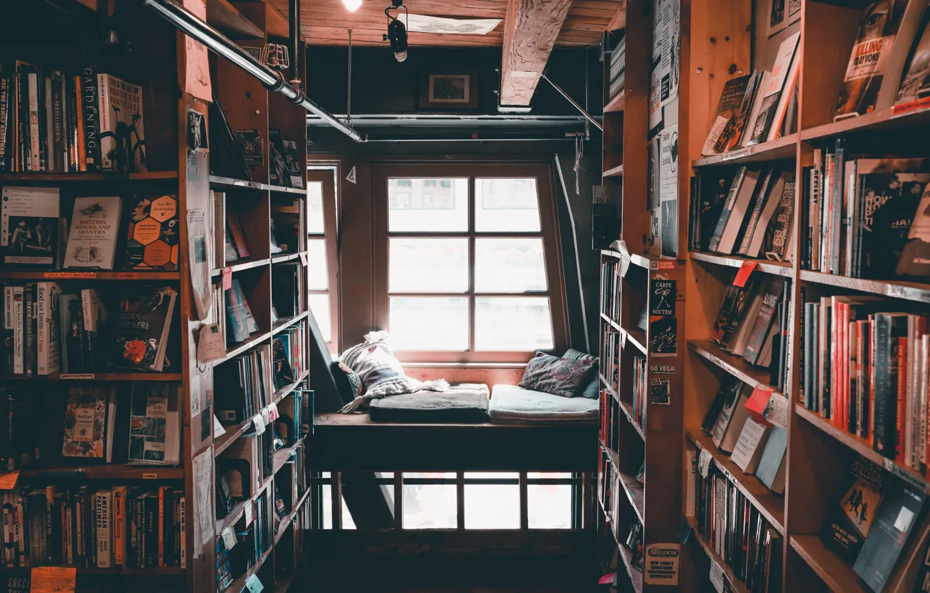 Photo wallpaper comfort, books, pillow, window, library