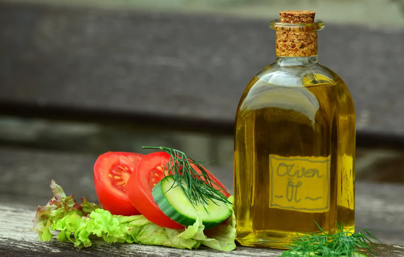 Photo wallpaper greens, bottle, oil, tomatoes, cucumbers