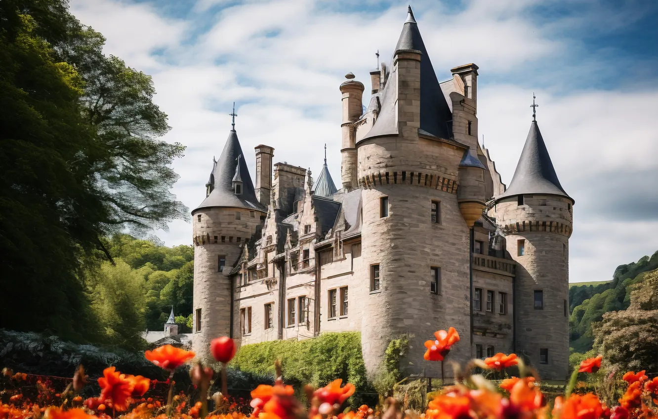 Photo wallpaper castle, rocks, flowers, view, rocks, castle, ancient, Ancient