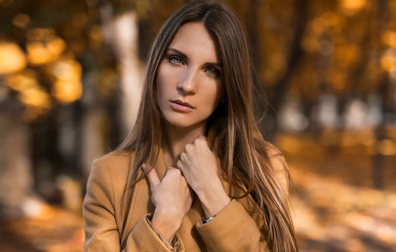 Photo wallpaper autumn, girl, the sun, trees, background, portrait, makeup, hairstyle