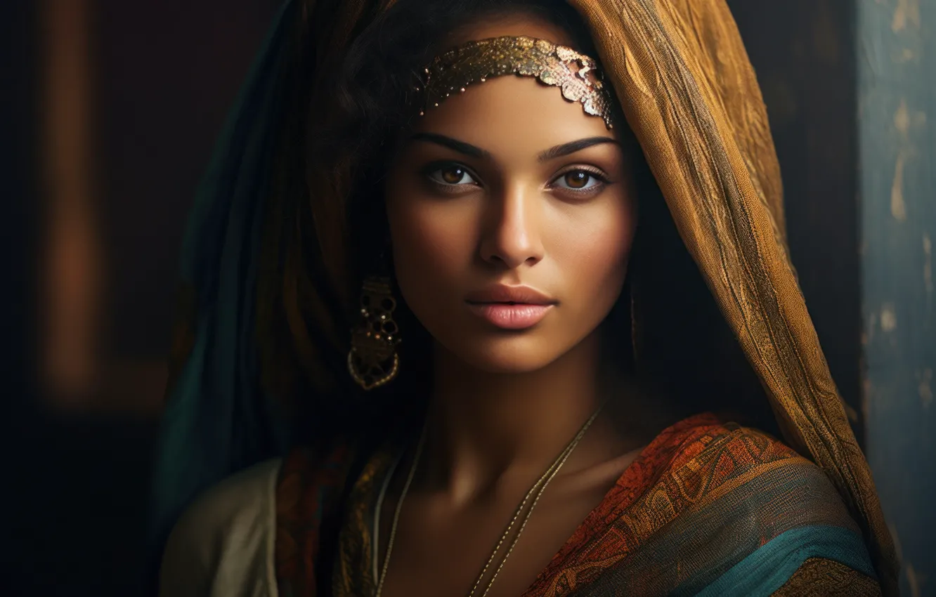 Photo wallpaper look, girl, face, the dark background, portrait, makeup, outfit, dark