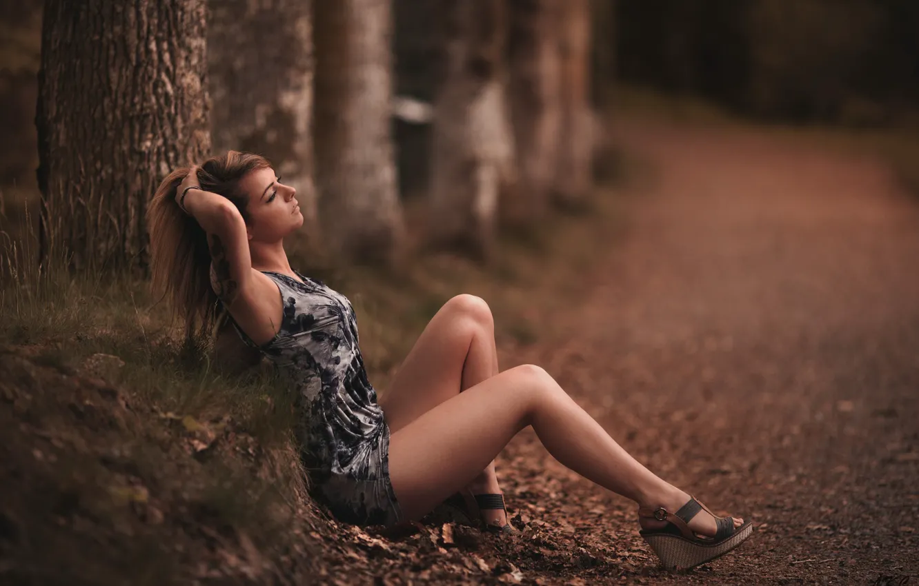 Photo wallpaper road, forest, girl, trees, pose, makeup, figure, dress